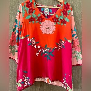 Johnny Was Octavia Multicolor Floral V-Neck Silk Blouse